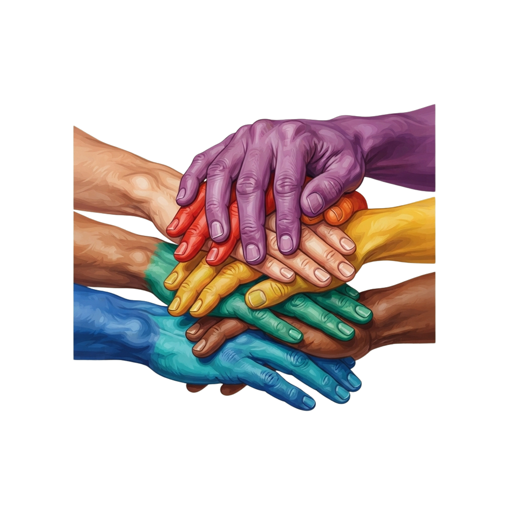 Illustration of six colorful hands joined together in a circle symbolizing unity and diversity