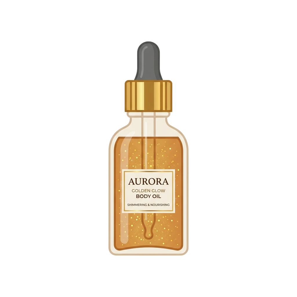 Illustration of a dropper bottle labeled Golden Glow Body Oil with shimmering liquid inside