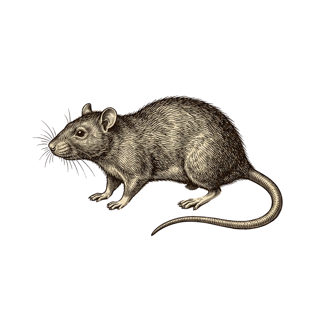 A detailed black and white illustration of a rat standing upright on four legs.