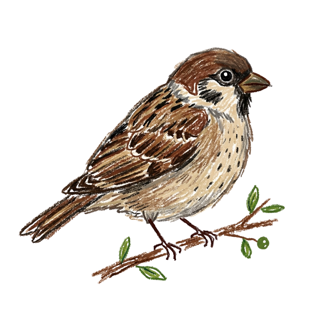 A brown and white songbird with black markings on its head and wings perched on a branch with green leaves