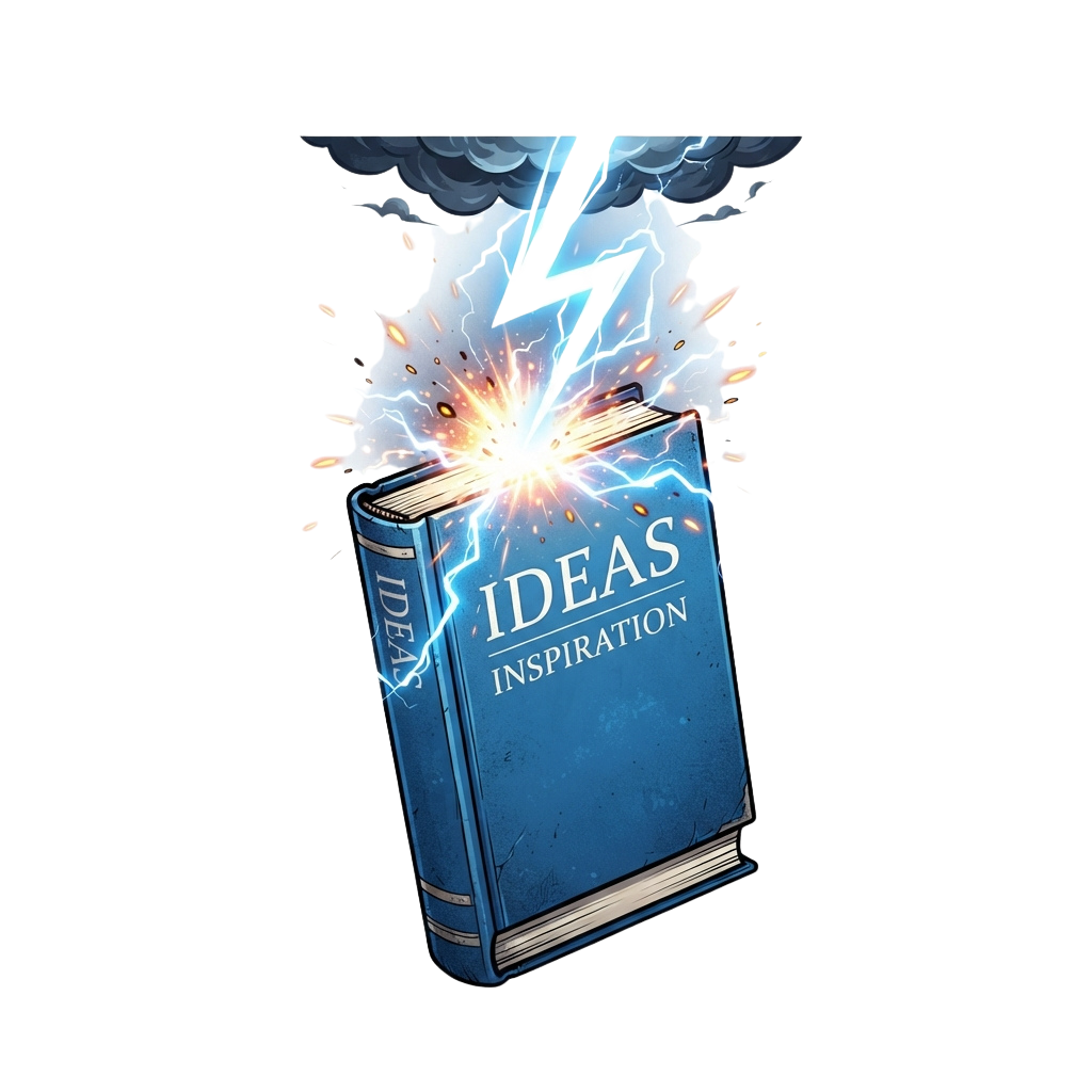 A book labeled Ideas Inspiration exploding with bright sparks and energy against a dark background