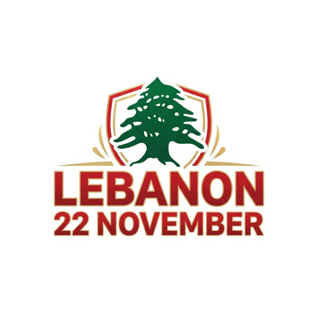 Lebanon Independence Day logo featuring a cedar tree inside a shield with the date 22 November
