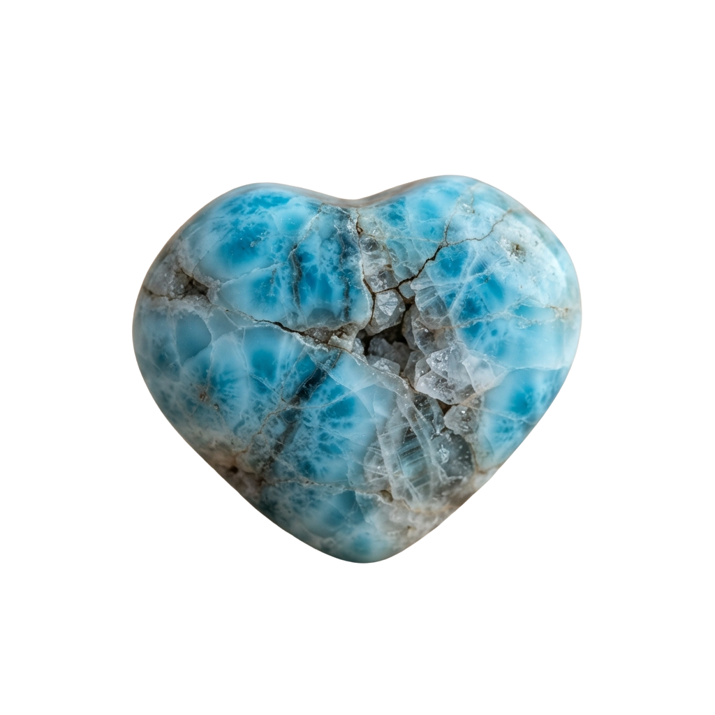 Heart-shaped blue larimar stone with white crystal formations inside