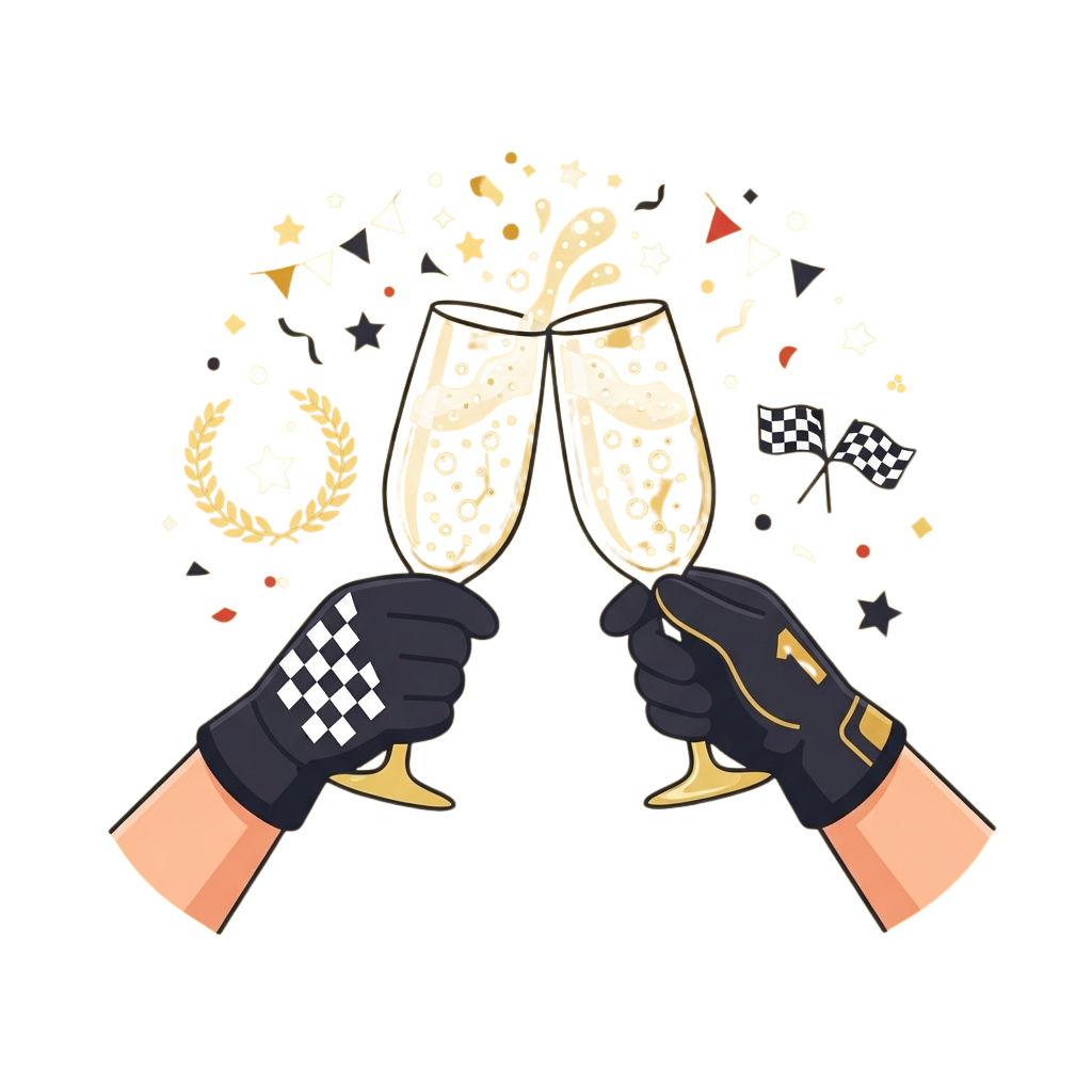 Two hands in racing gloves clinking champagne flutes with confetti and checkered flags in background