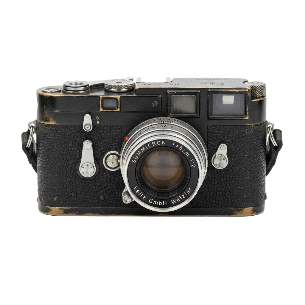 Black vintage camera with a large lens and metallic accents, viewed from the front