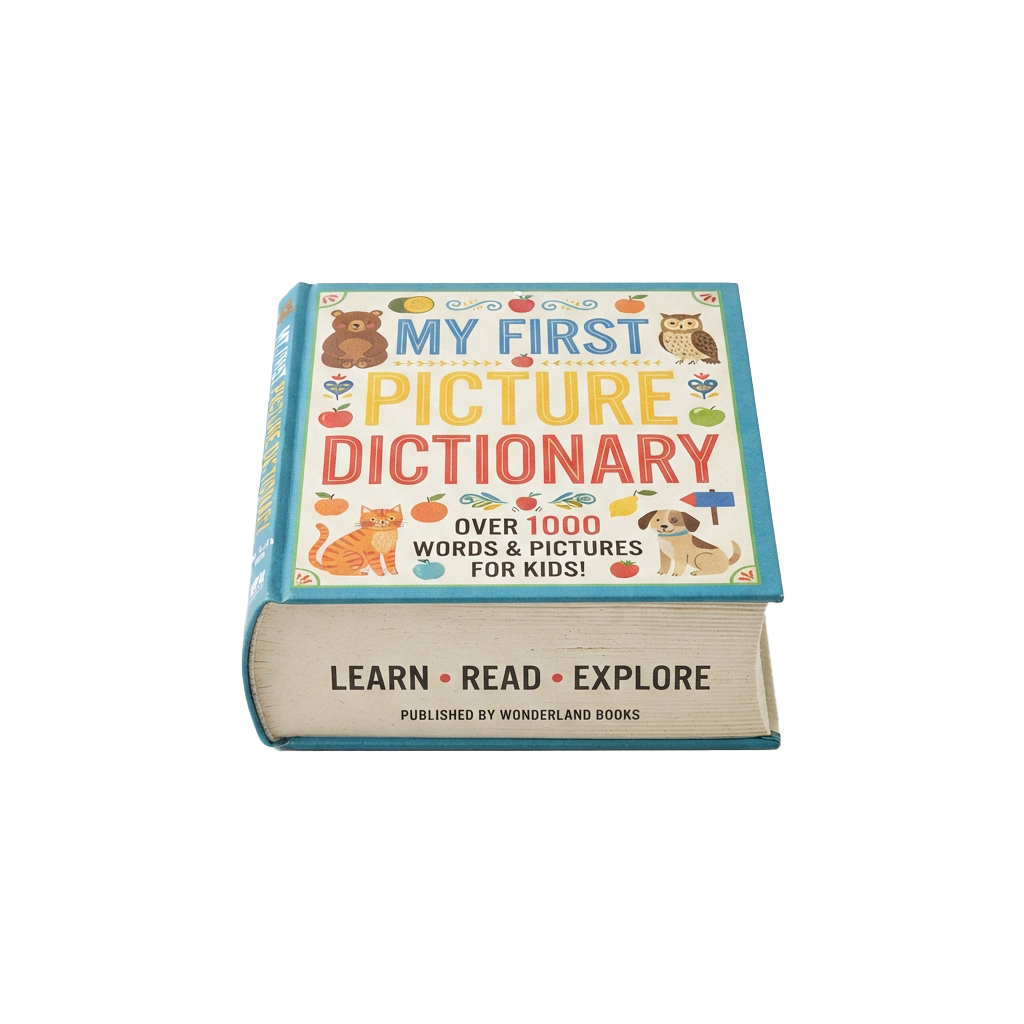 Colorful children's book titled My First Picture Dictionary with illustrations of animals and objects