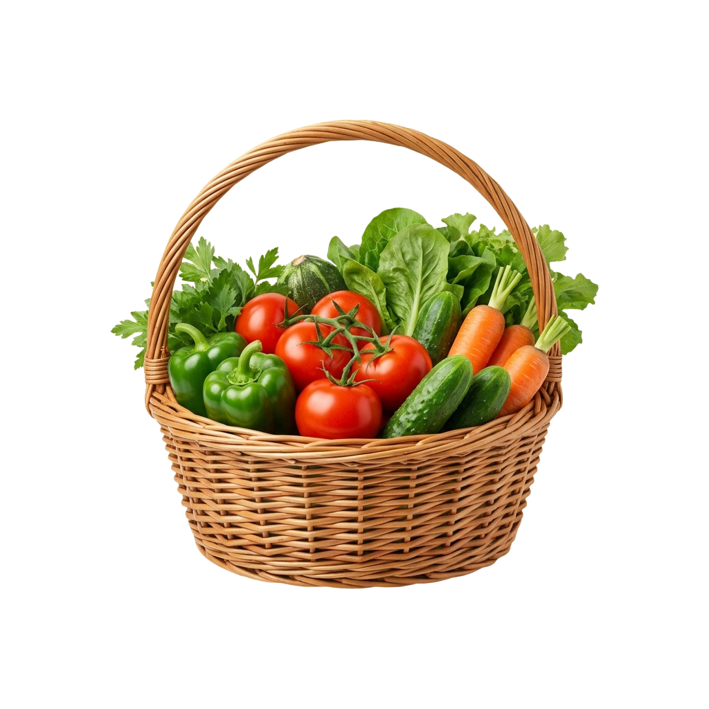 Wicker basket filled with fresh vegetables including tomatoes, carrots, cucumbers, peppers, lettuce, and parsley