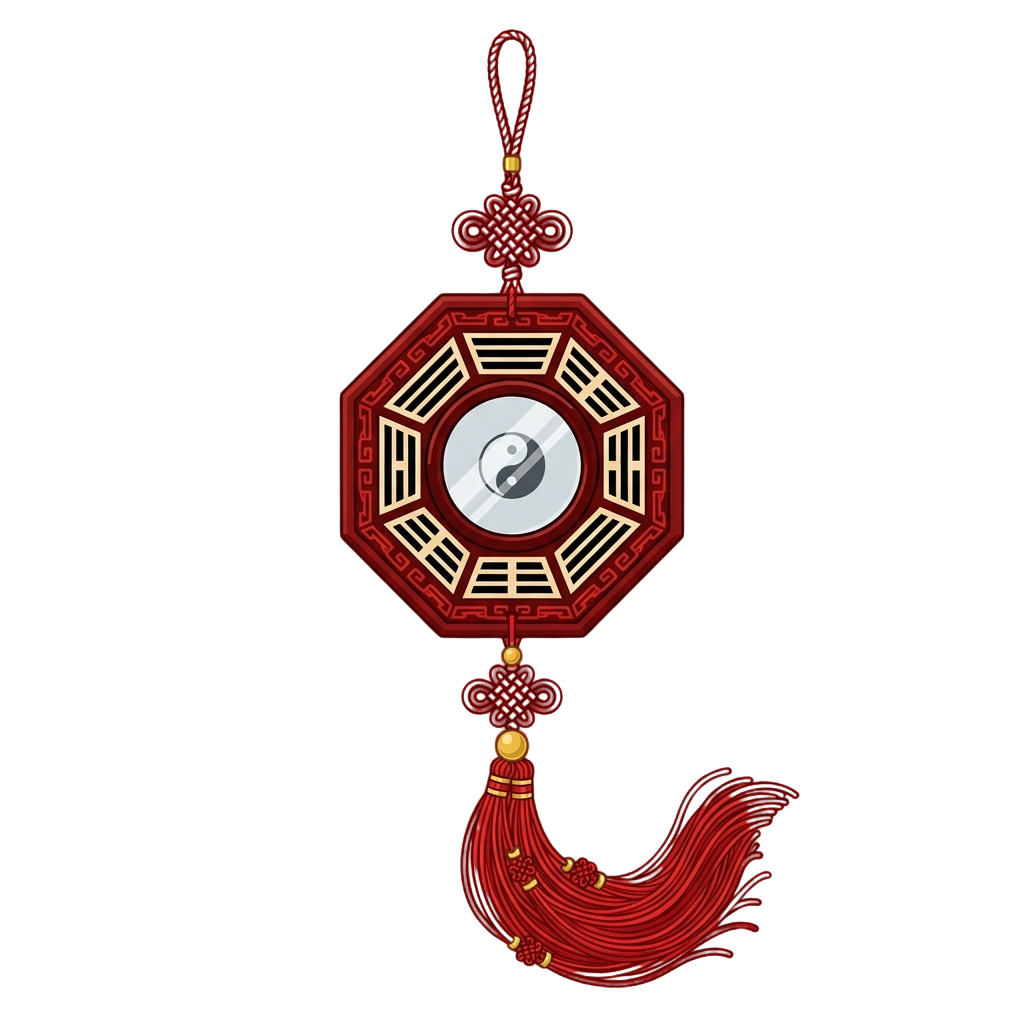 Red octagonal ba gua mirror with yin yang symbol hanging from a decorative red tassel with gold accents