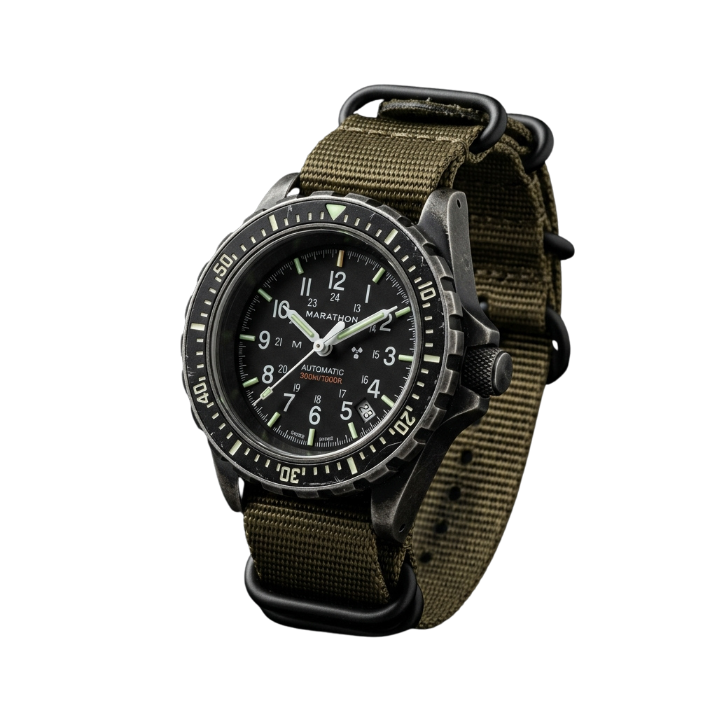 Black automatic wristwatch with olive green strap and metal band, featuring a black dial with white and green markings.