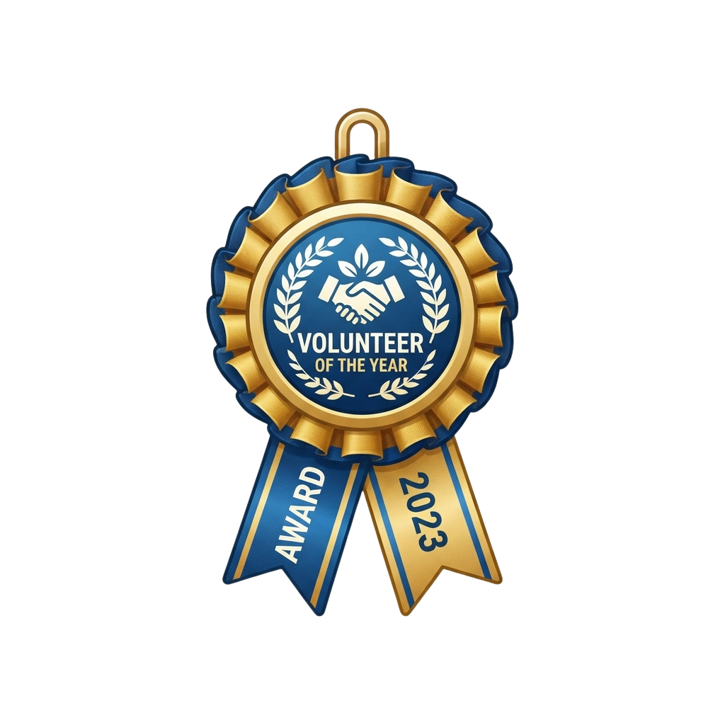Gold and blue Volunteer of the Year award ribbon with 2023 date and handshake icon