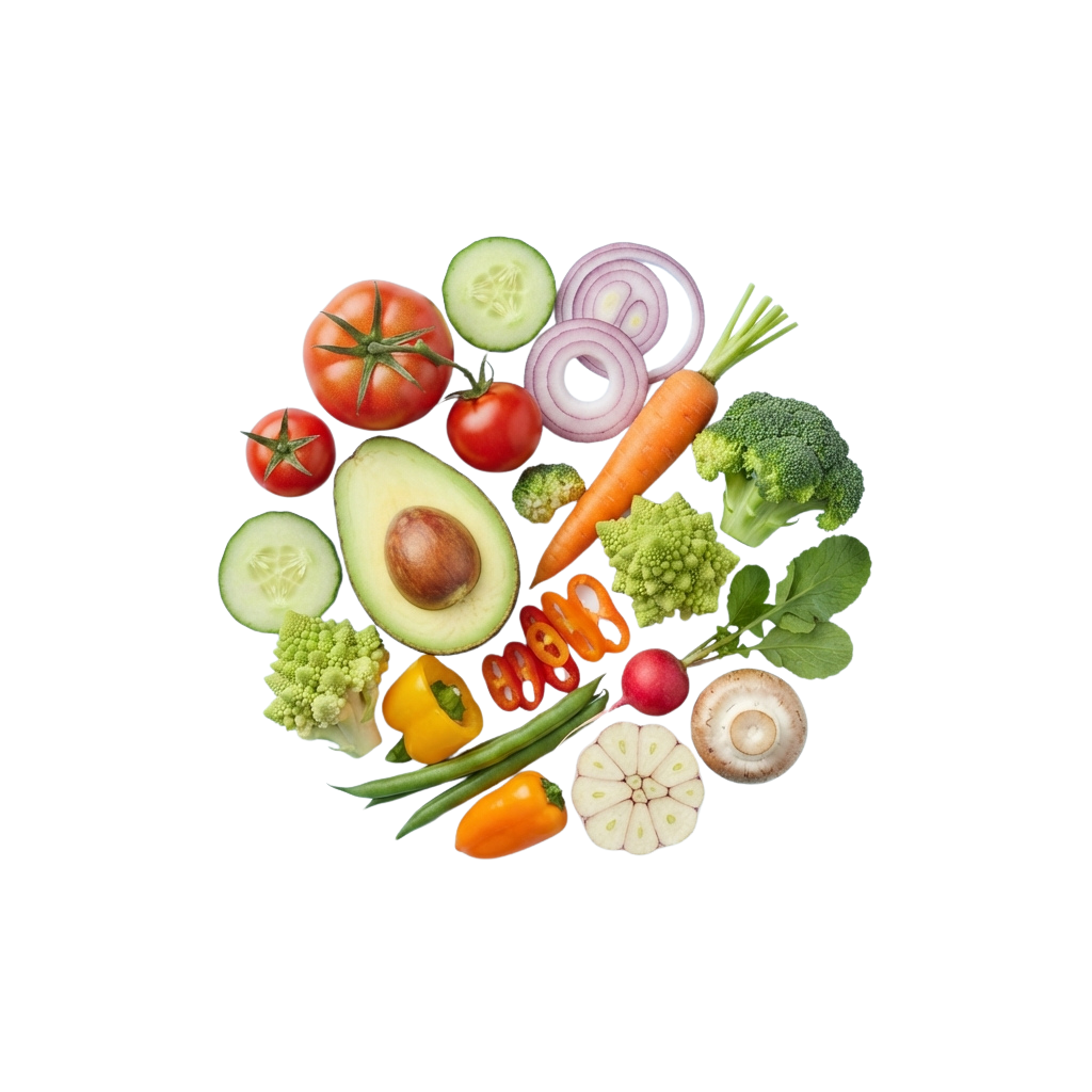 Assorted fresh vegetables including tomatoes, cucumbers, avocado, carrots, broccoli, peppers, mushrooms, and more arranged in a circular pattern