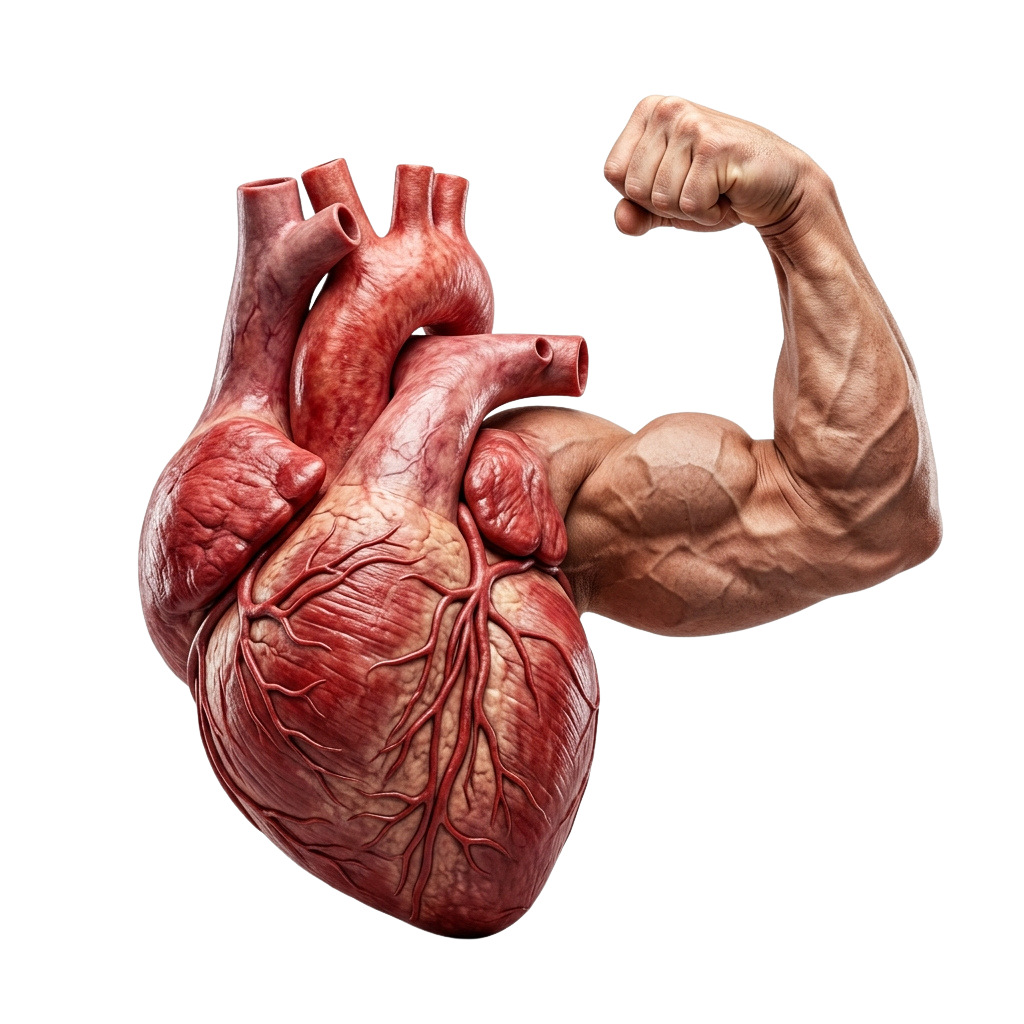 A flexed arm muscle next to a detailed anatomical human heart model.