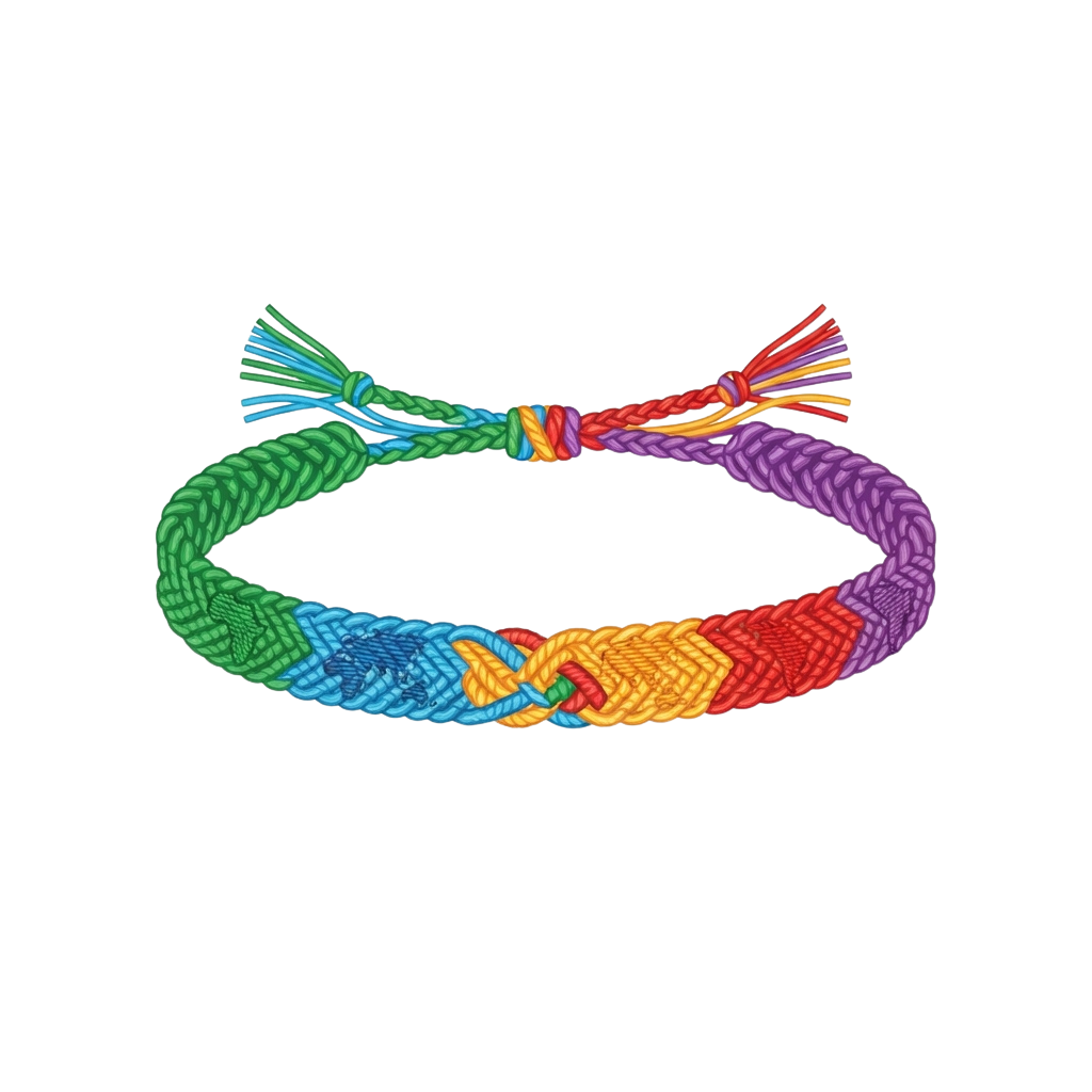 A vibrant wristband made of braided green, purple, orange, red, and blue threads with tassels on both ends