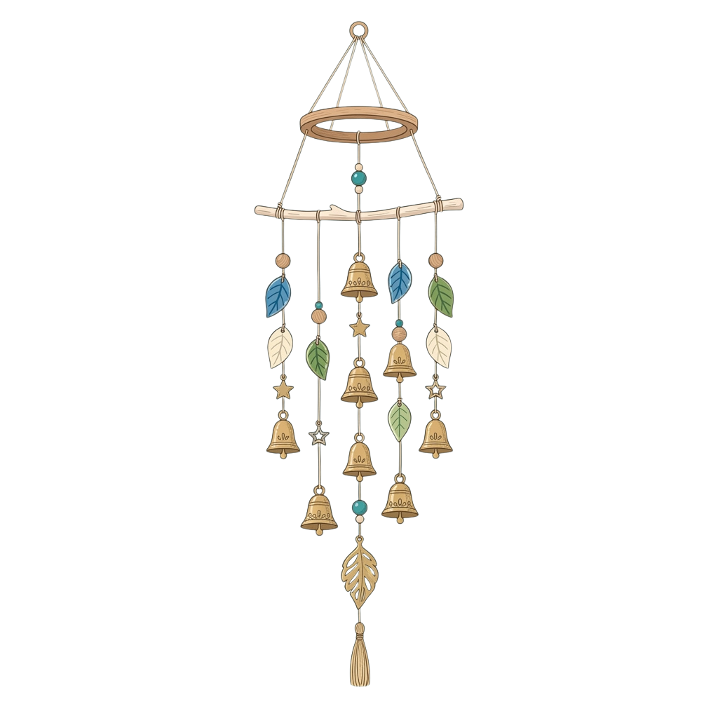 A decorative wind chime with wooden frame, gold bells, green leaves, and blue beads hanging from strings