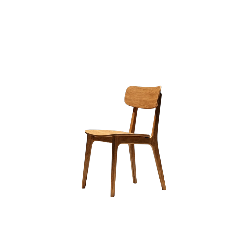 A sleek wooden chair with a curved seat and backrest, set against a dark background