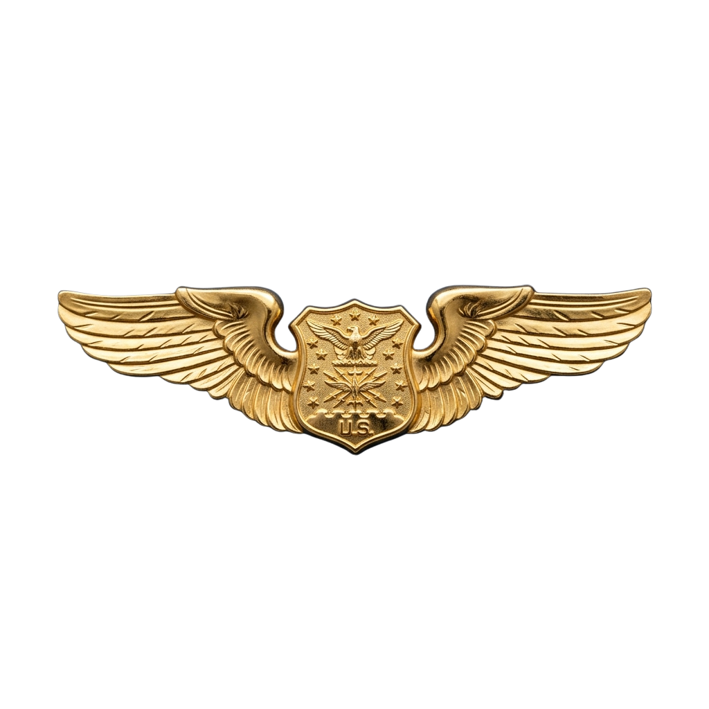 Gold-colored military aviator wings with an eagle shield emblem in the center