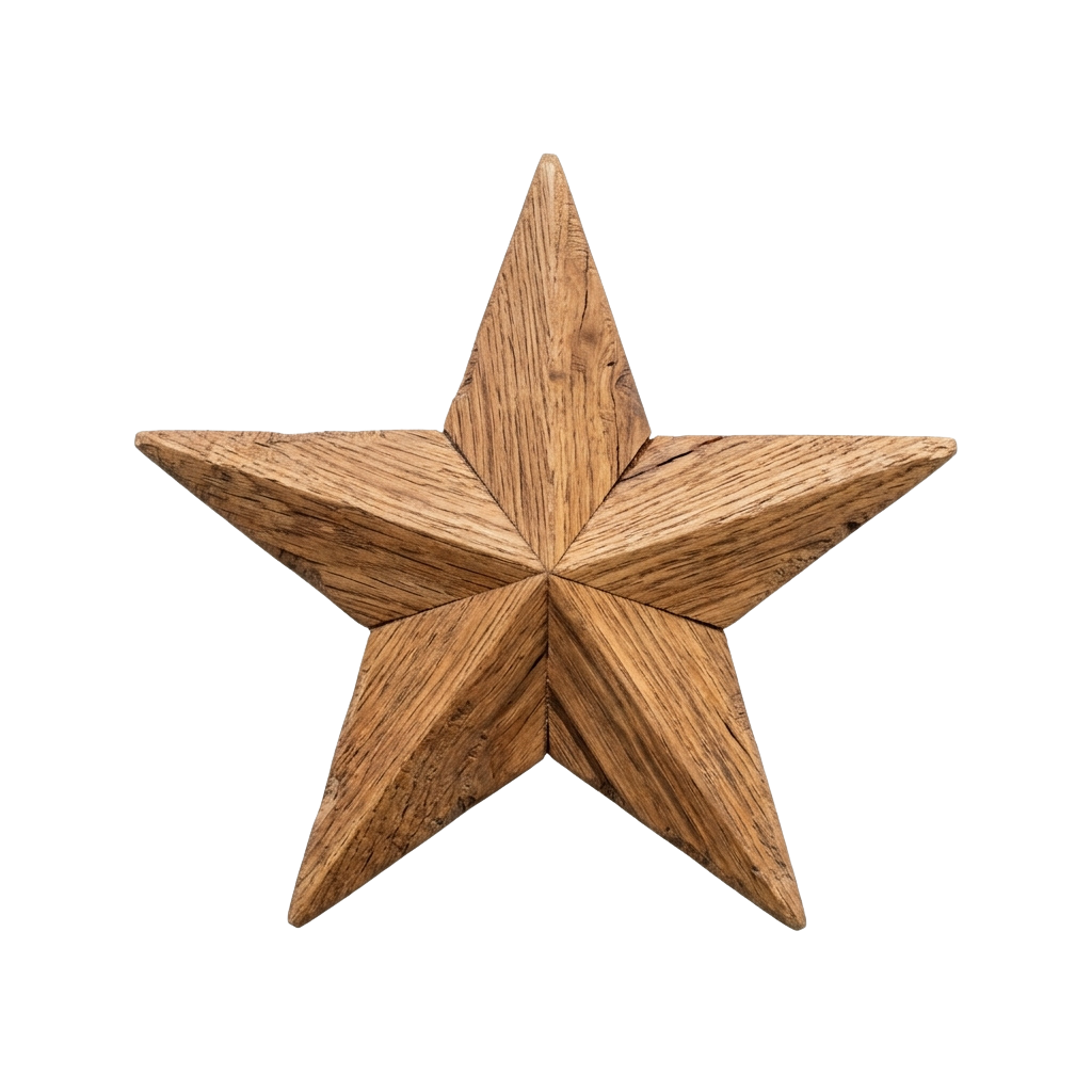 A carved wooden star with five pointed tips and a natural wood grain texture