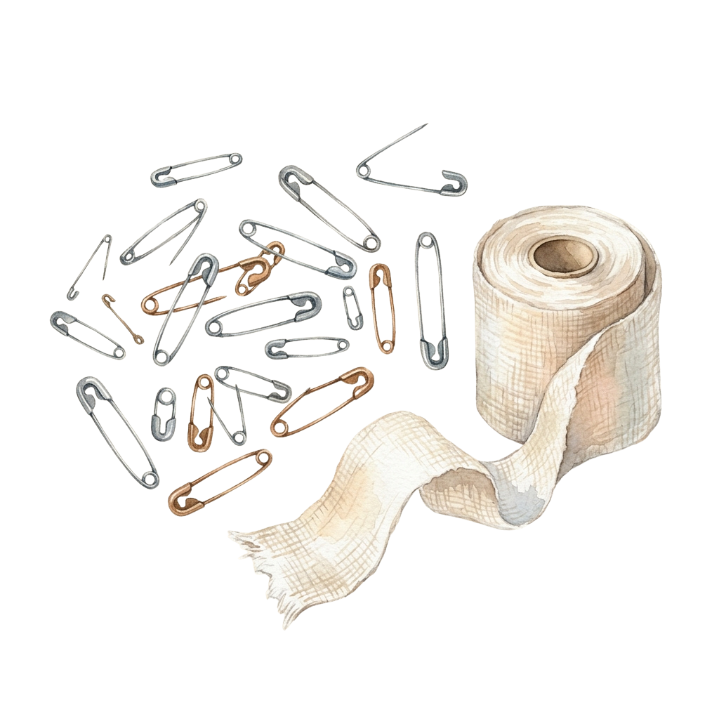 Assorted metal safety pins and a roll of white gauze bandage on black background
