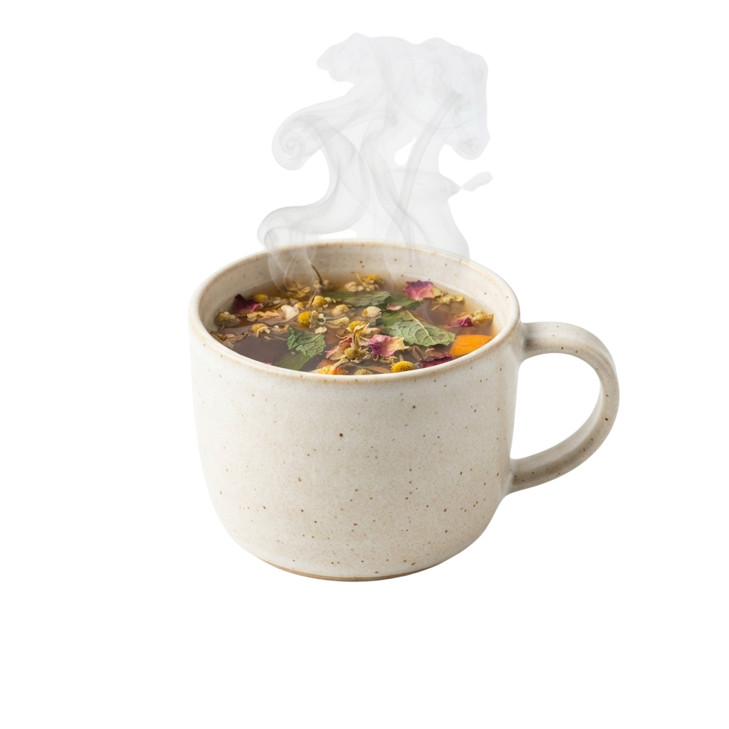 A ceramic mug filled with steaming herbal tea topped with various herbs and flower petals, emitting steam.