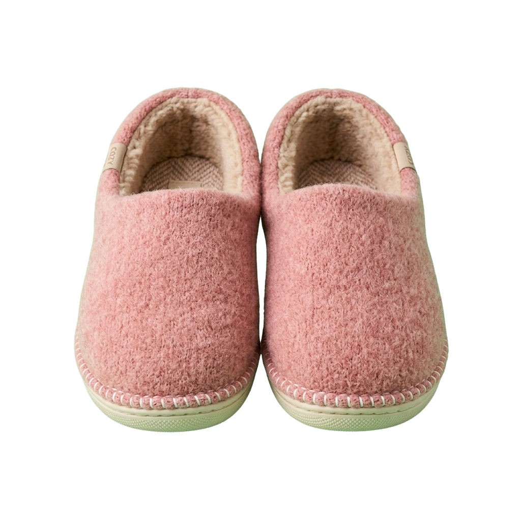 Pair of pink fuzzy indoor slippers with a light green rubber sole