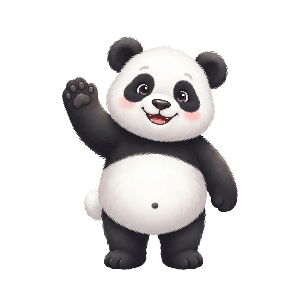 A smiling cartoon panda waving with one paw against a black background