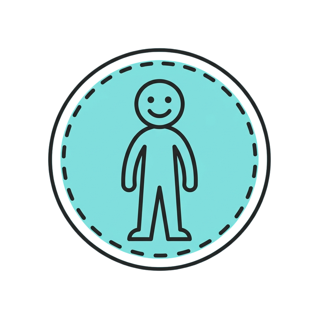 Smiling stick figure icon inside a dashed circle on a light blue background