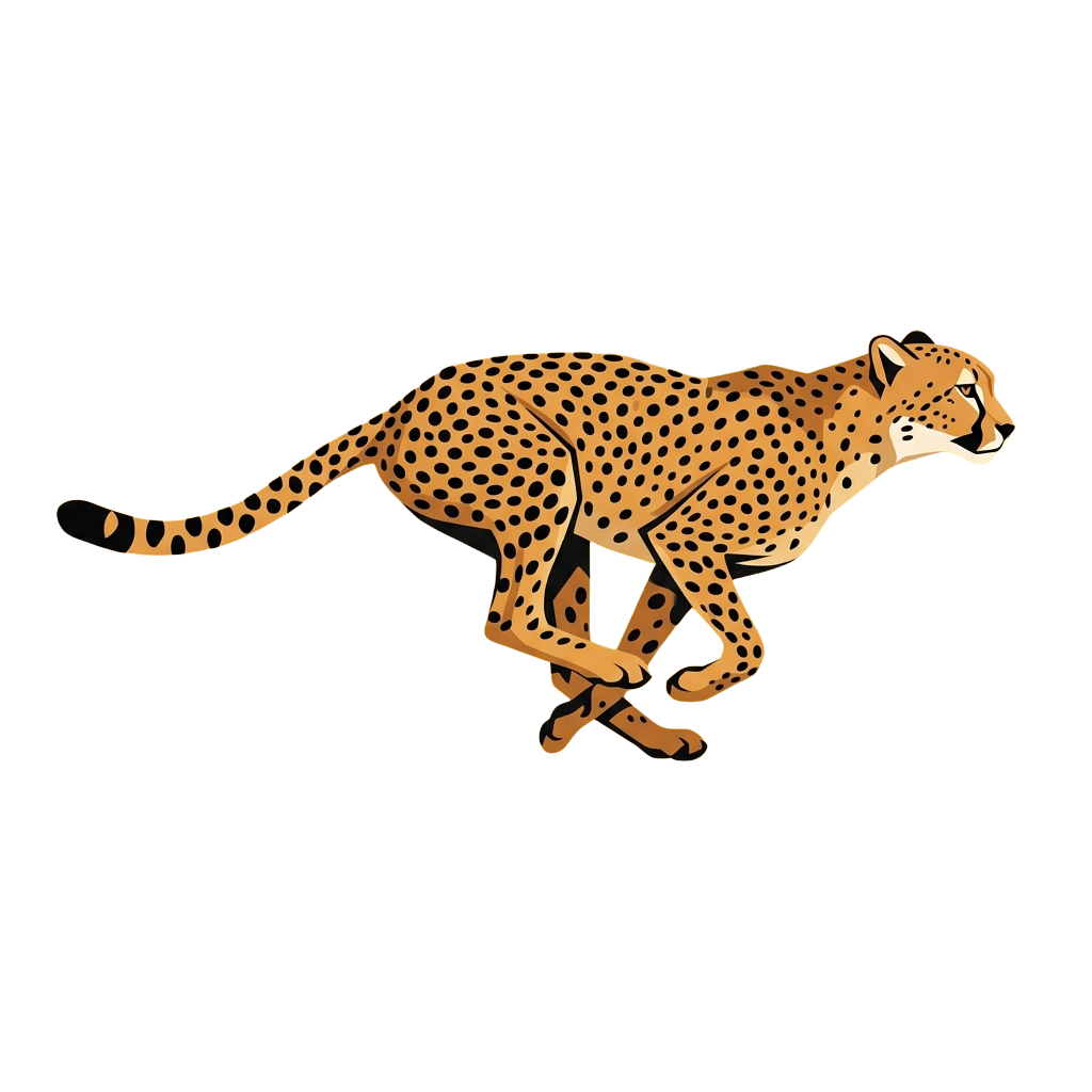 A cheetah mid-run with spotted fur and long tail against a black background