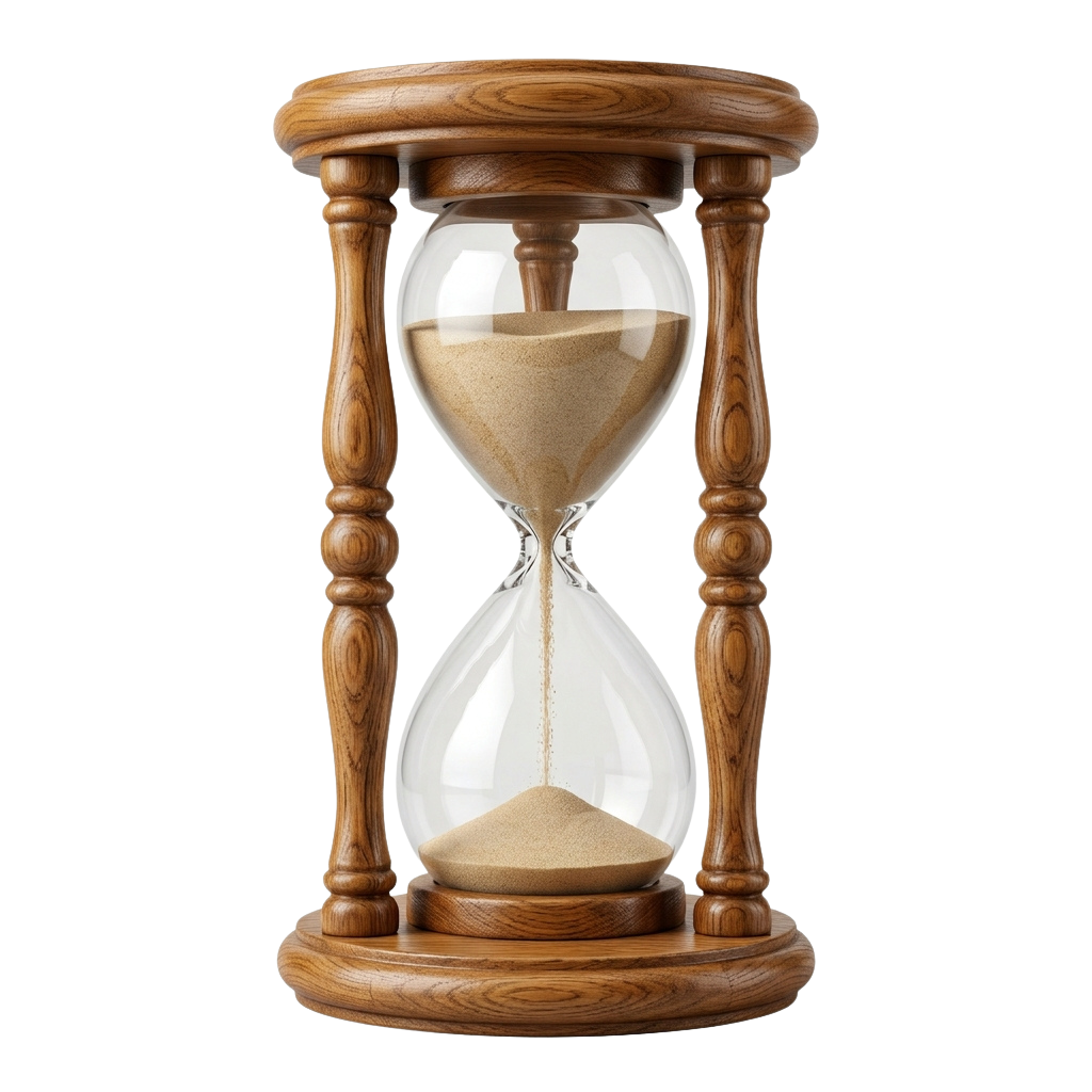 A wooden hourglass with sand flowing from the top bulb to the bottom bulb