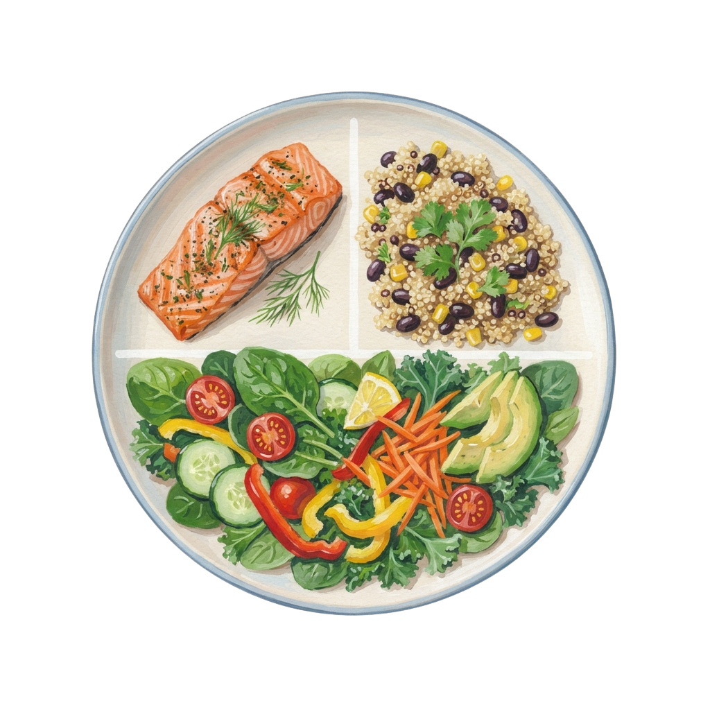 A plate divided into four sections showing grilled salmon, mixed grains and beans, and a colorful salad with veggies and avocado