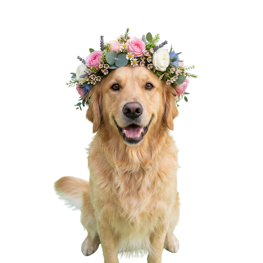 A smiling golden retriever dog wearing a colorful flower crown headband