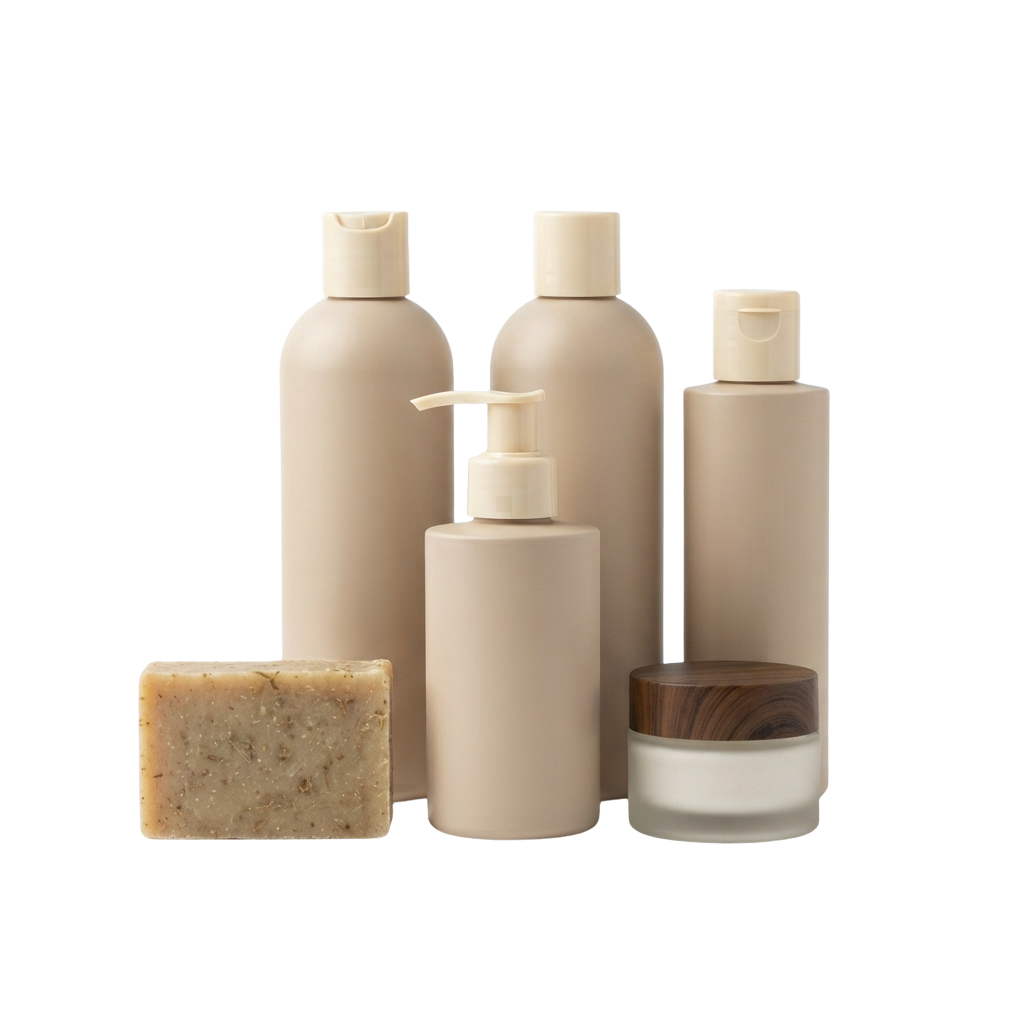 Five beige skincare bottles and one bar of natural soap on black background