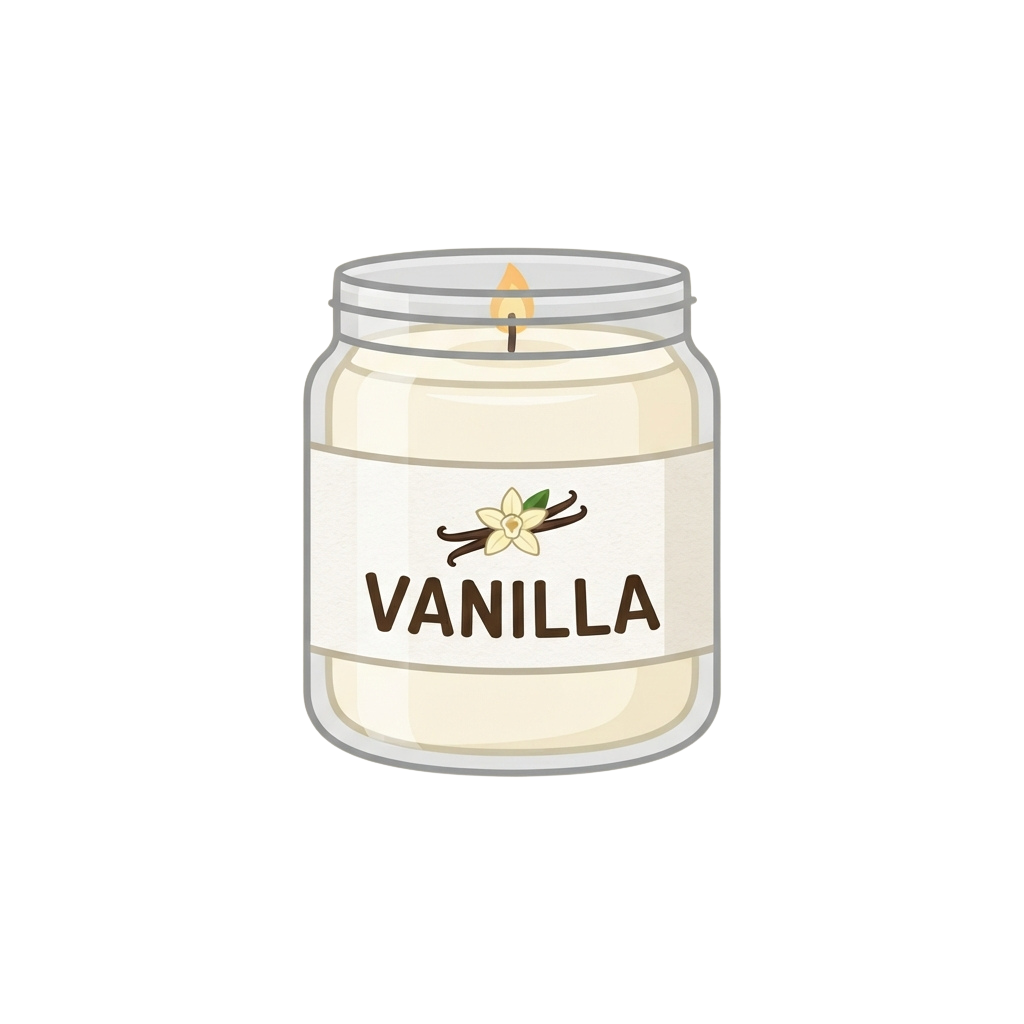 A lit vanilla-scented candle in a mason jar with a vanilla flower illustration on the label