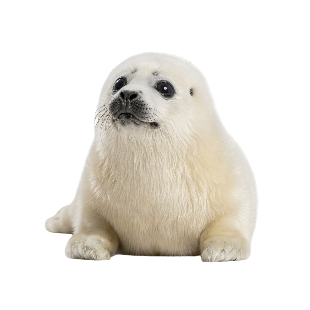 A cute white puppy seal sitting upright on a black background