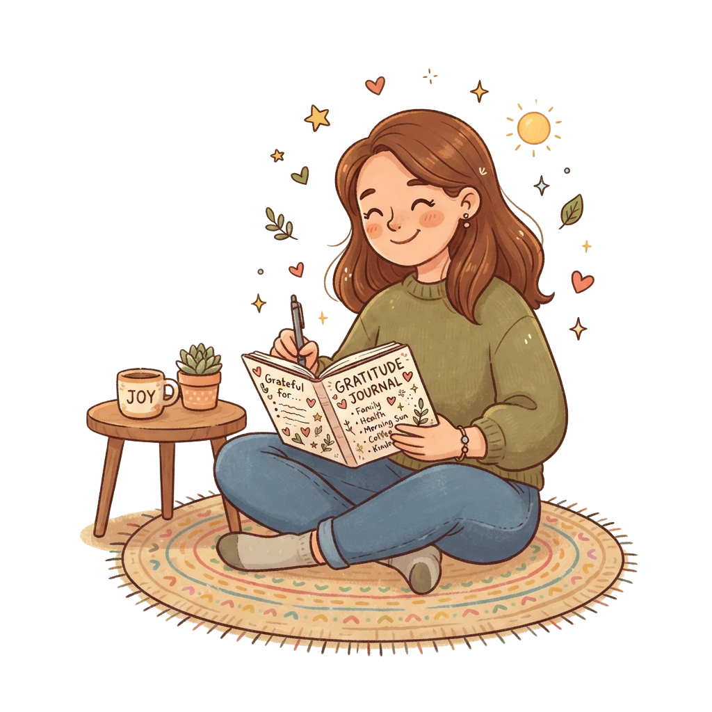 A person sitting cross-legged on a rug writing in a gratitude journal, smiling with a warm cup of coffee beside a small plant.