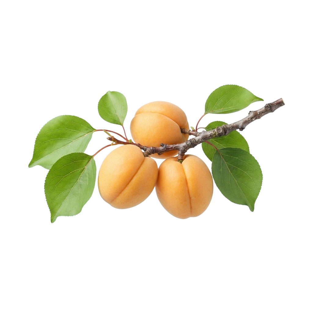 Three ripe apricots attached to a branch with green leaves against a black background
