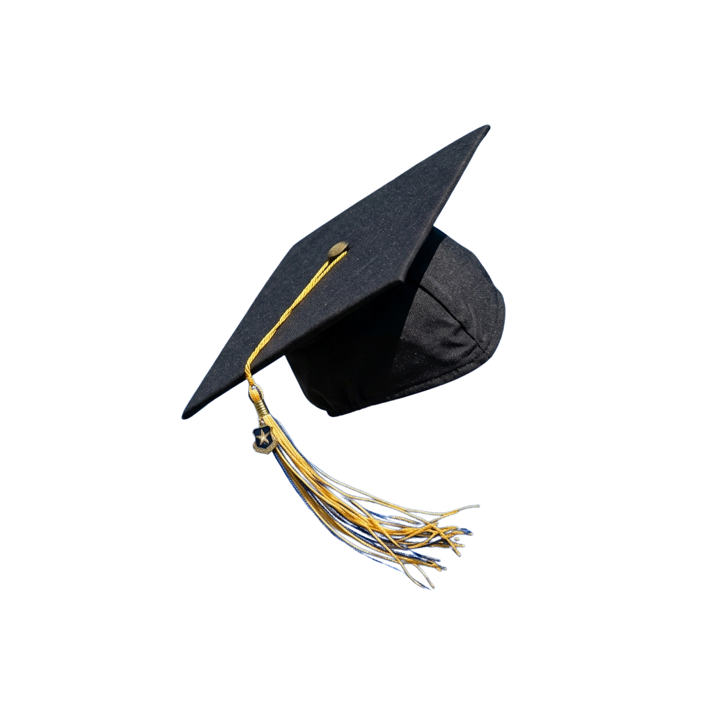 Black graduation cap with a gold and blue tassel hanging from the side