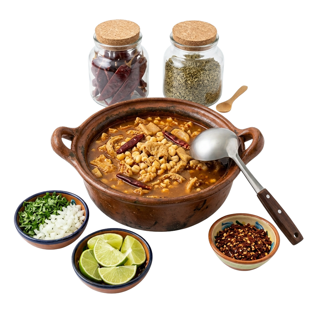 A clay pot of bean stew with beans, corn, and meat, surrounded by lime wedges, chopped cilantro, rice, and spices in jars