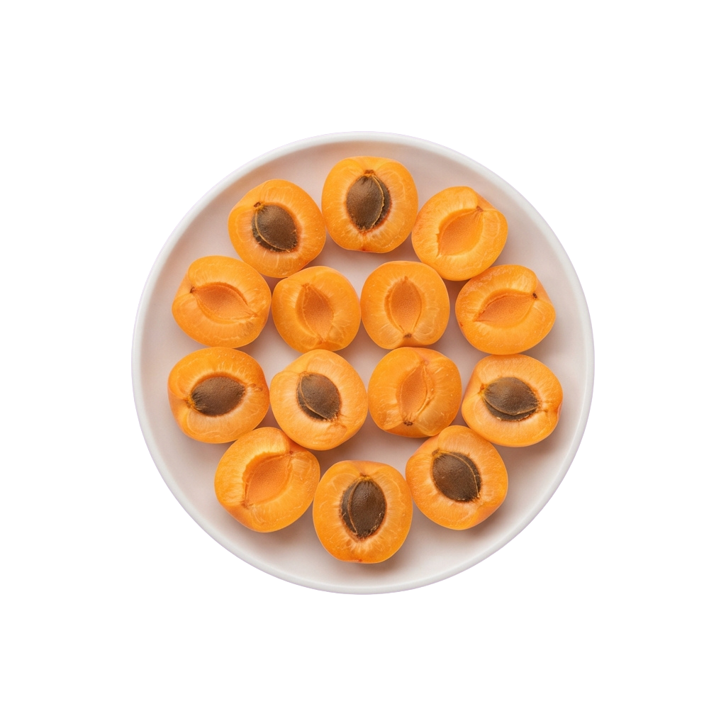 Nine halved apricots with pits visible arranged on a white plate