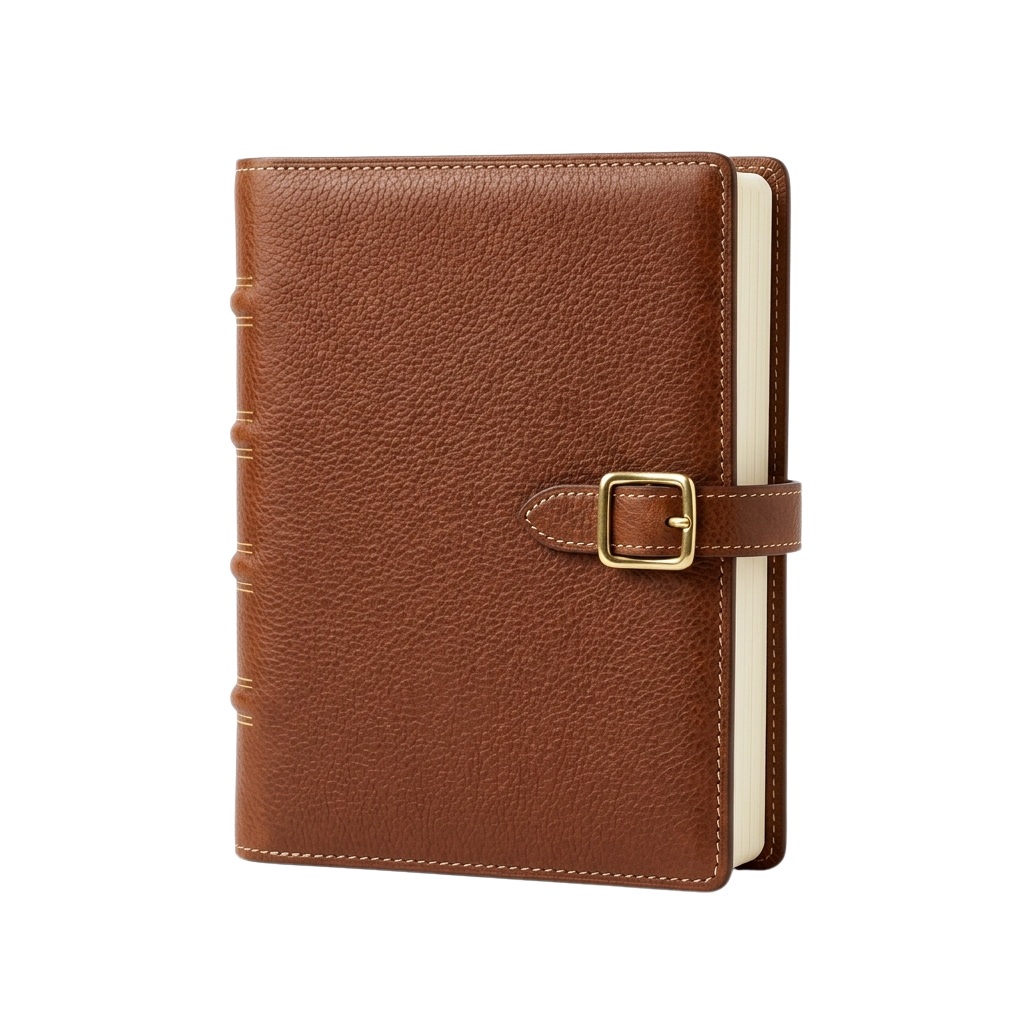 A brown leather-bound journal with a gold buckle closure, standing upright against a black background