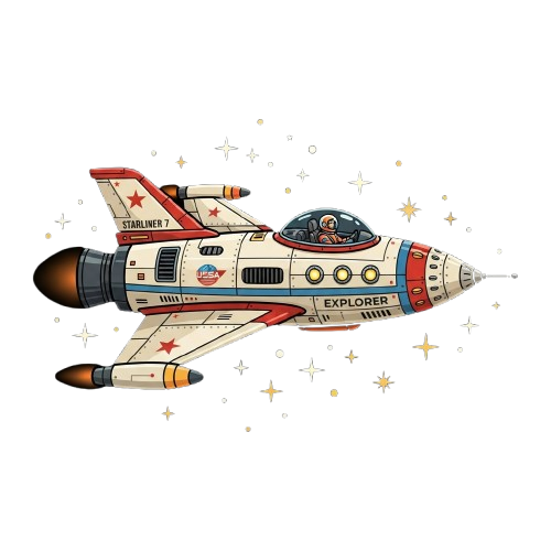 A cartoon-style space shuttle labeled Explorer with an astronaut inside, flying through stars with flames shooting from the rear engines
