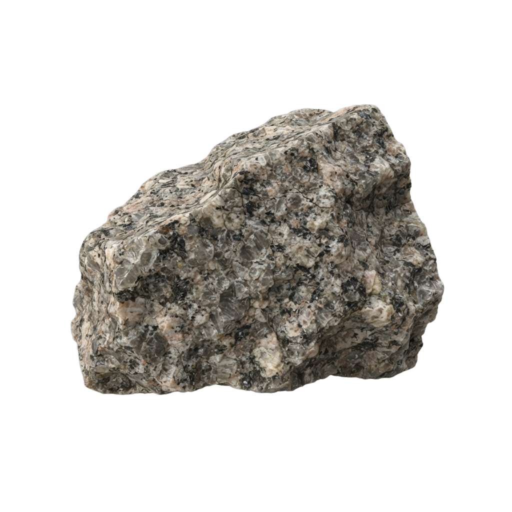 A rough, irregularly shaped granite rock with a speckled gray and white mineral pattern