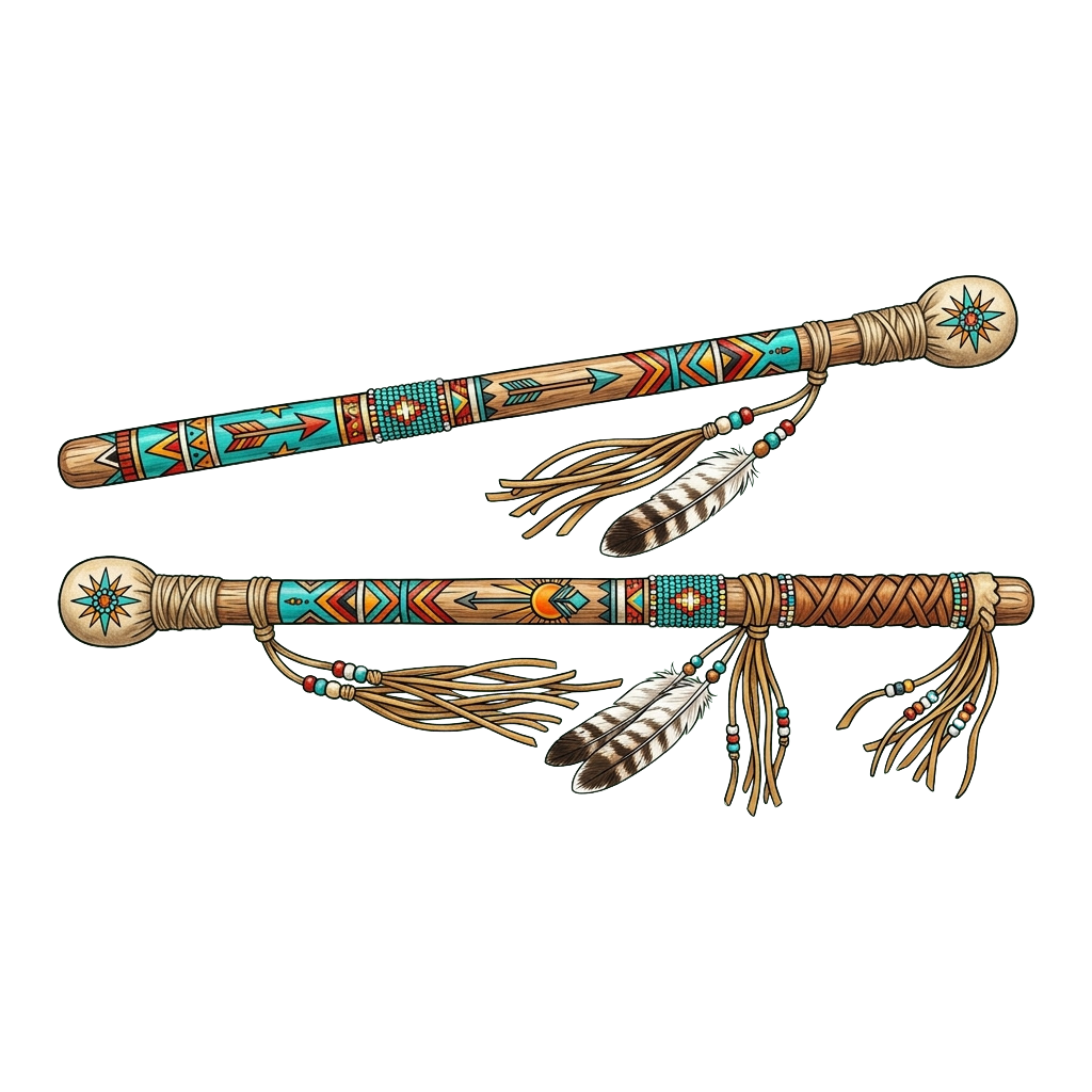Two intricately decorated staffs with feathers, beads, and geometric patterns