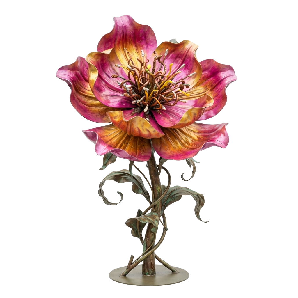 A detailed metal sculpture of a vibrant pink and orange flower with a twisted stem and leaves.