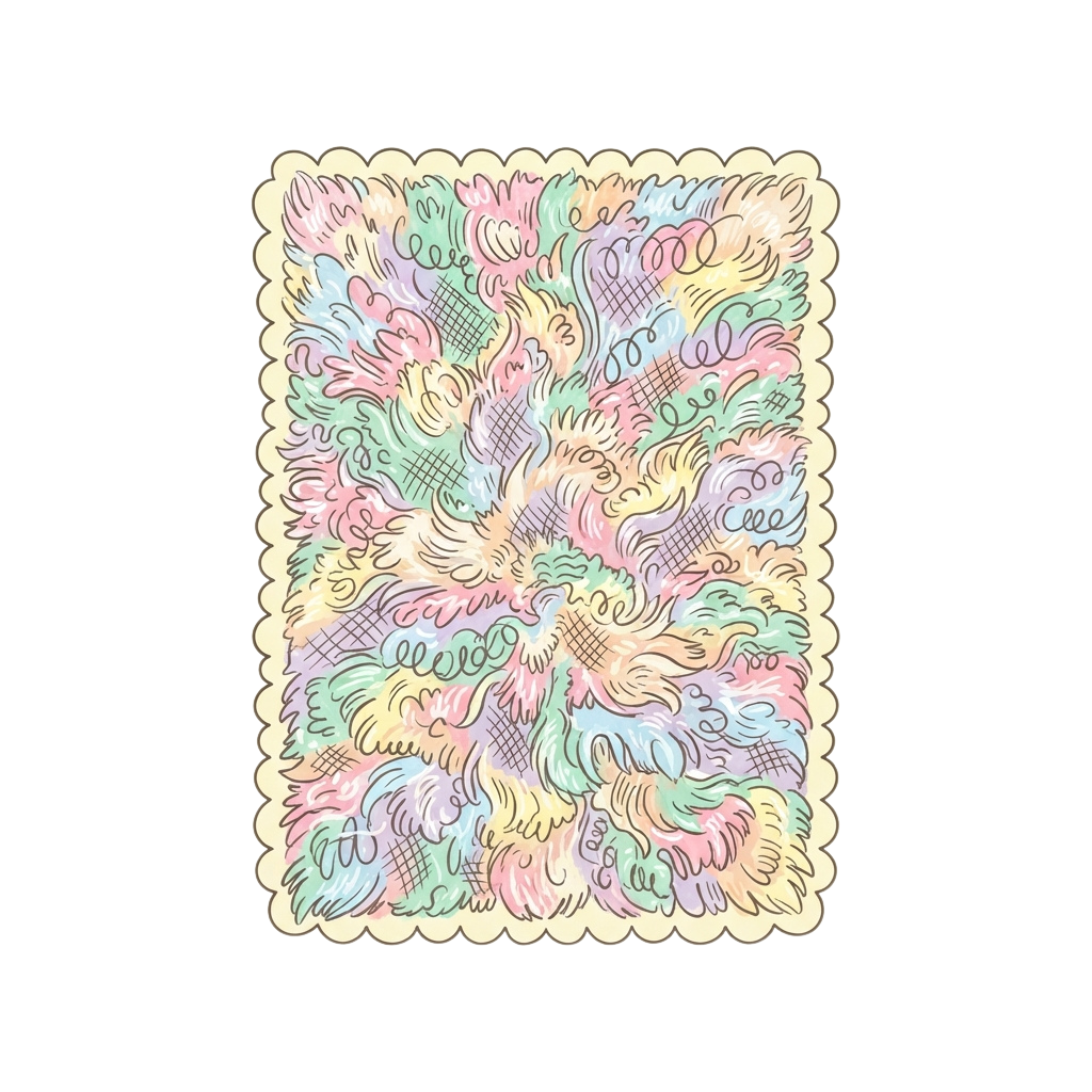 Scalloped bordered abstract design with swirling floral and geometric patterns in pastel colors