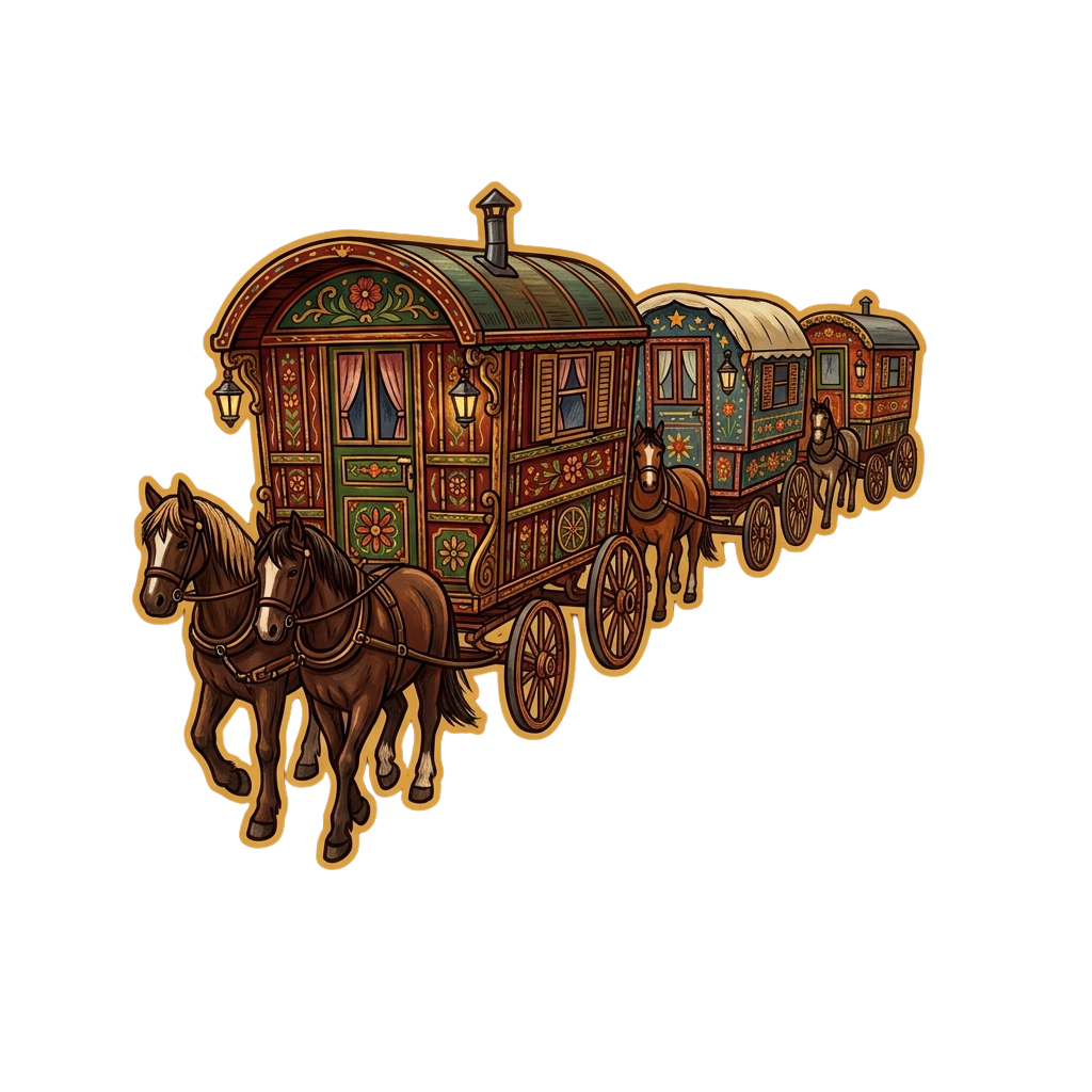 A stylized illustration of a horse-drawn carriage train with two horses pulling three colorful carriages.