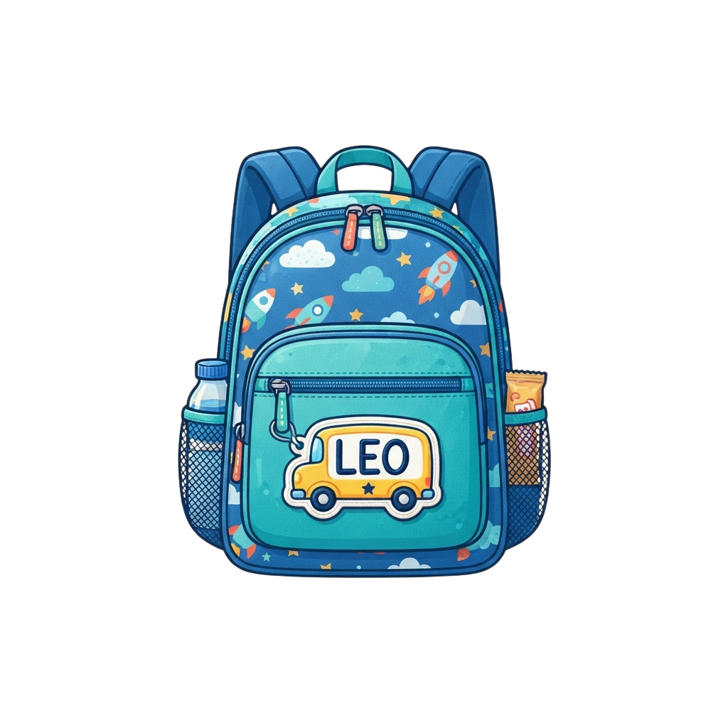 Blue backpack with space-themed design and a yellow school bus graphic labeled LEO on the front pocket
