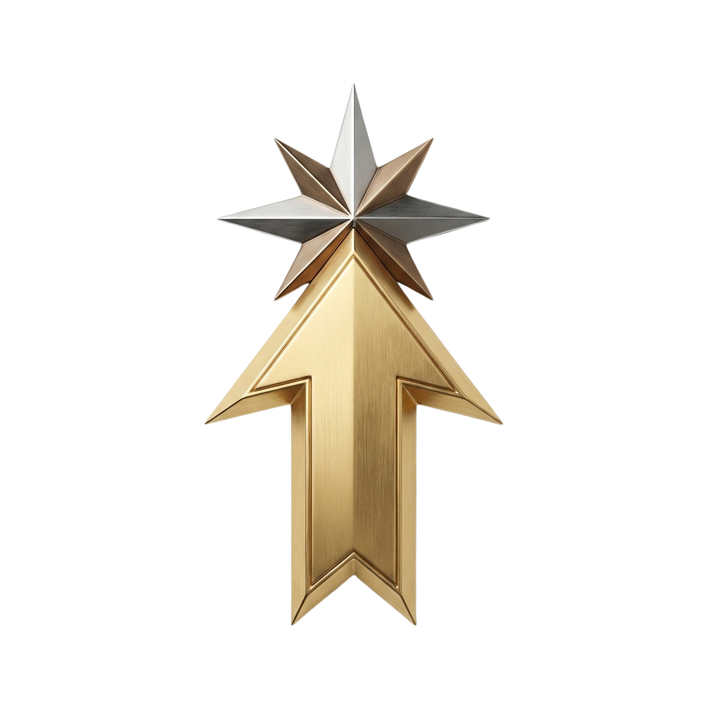 A stylish wooden arrow shape with a star on top against a black background