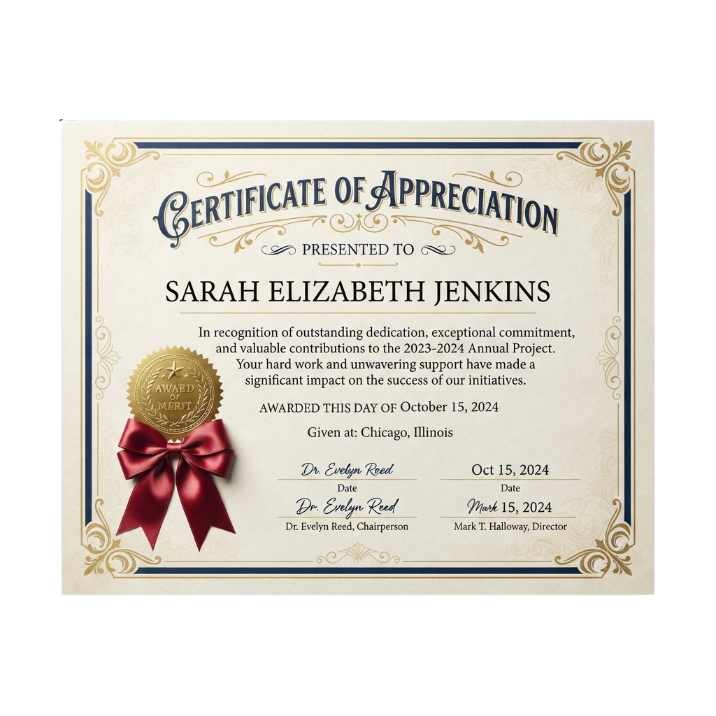 Certificate of Appreciation awarded for dedication to the 2023-2024 Annual Project, dated October 15, 2024.