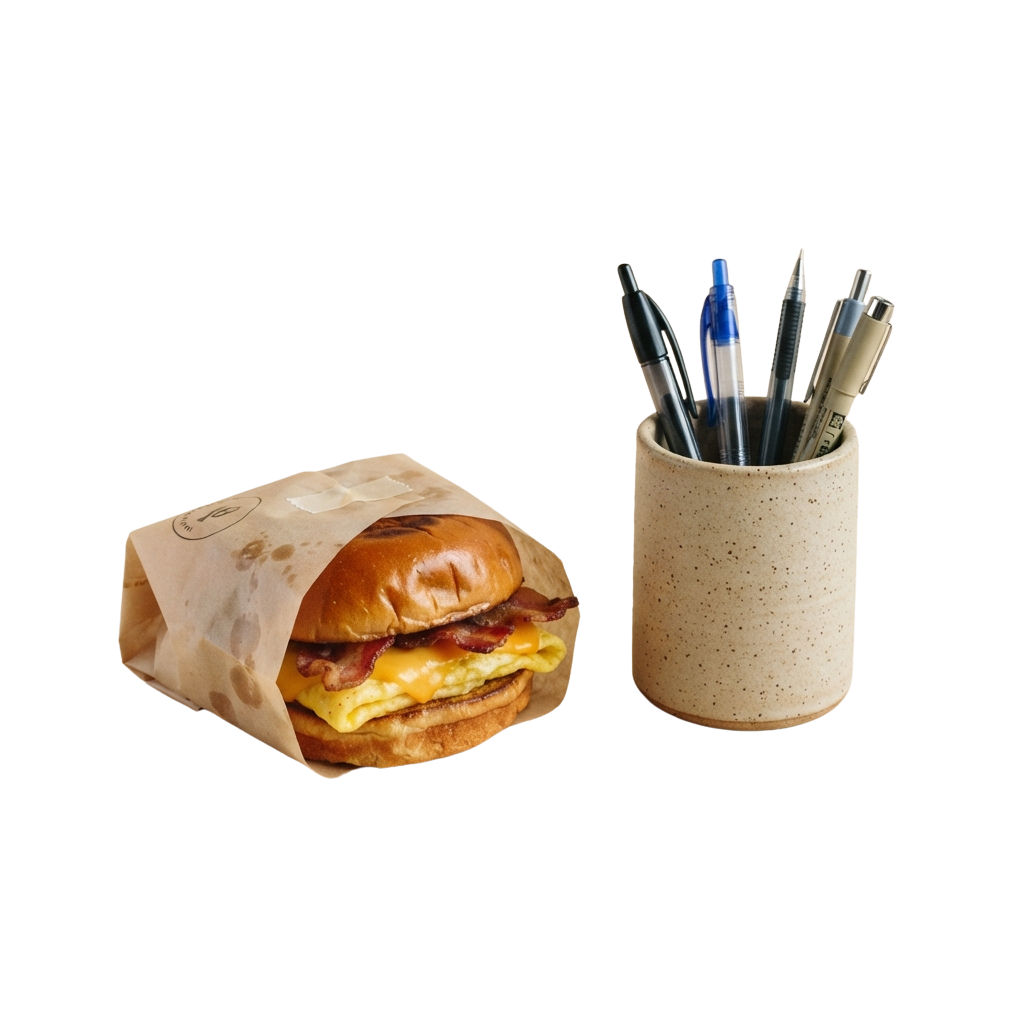 A breakfast sandwich wrapped in paper next to a beige ceramic pen holder with four pens