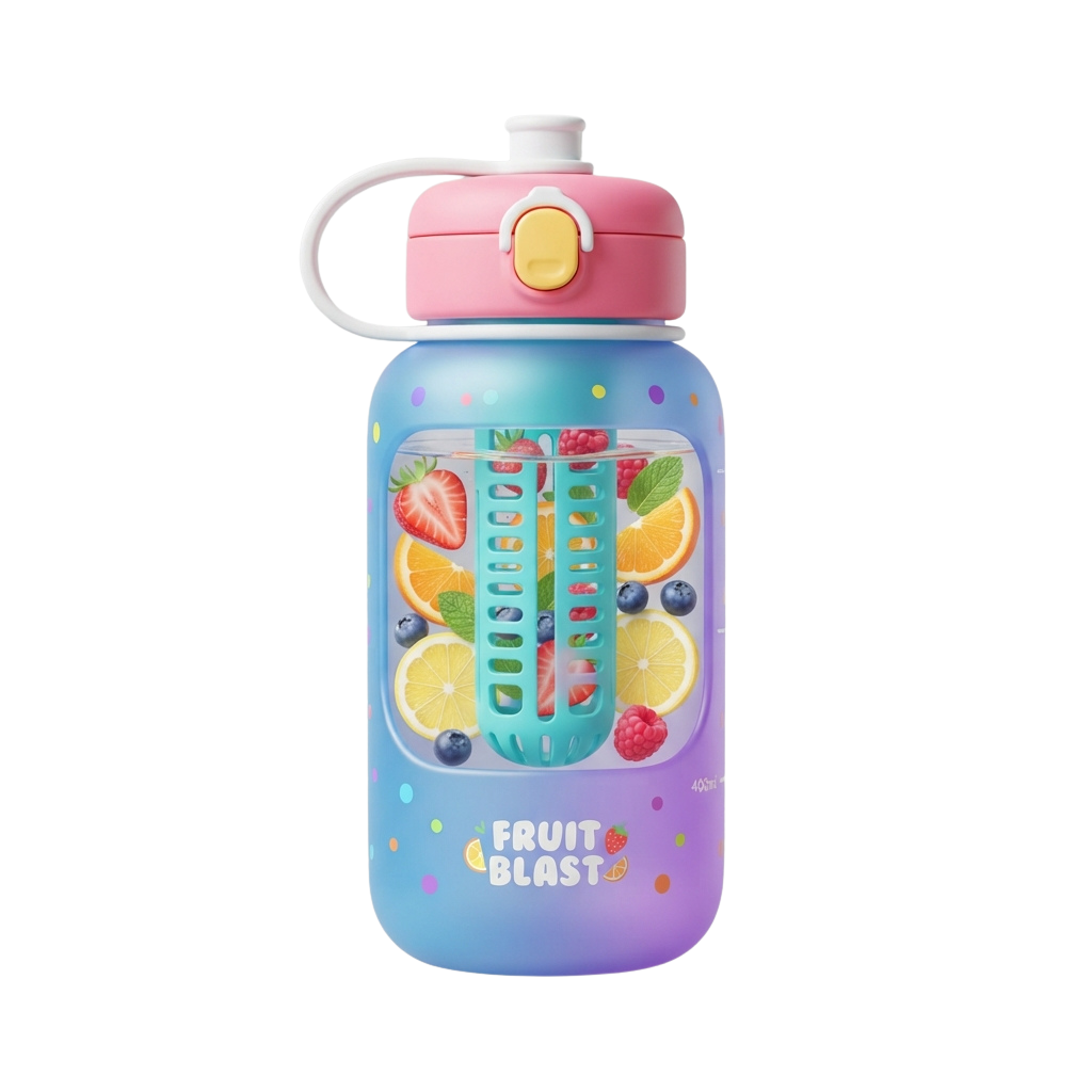 A blue water bottle with a pink lid and fruit infuser containing strawberries, blueberries, and lemon slices